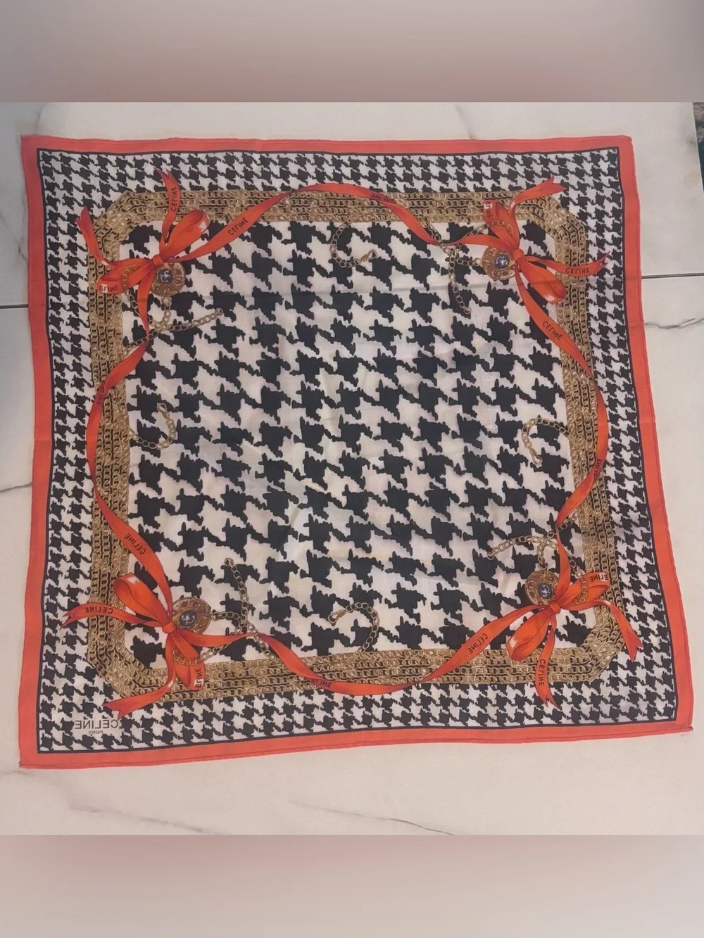Celine Black, White & Orange Houndstooth cotton handkerchief with Chain Motif